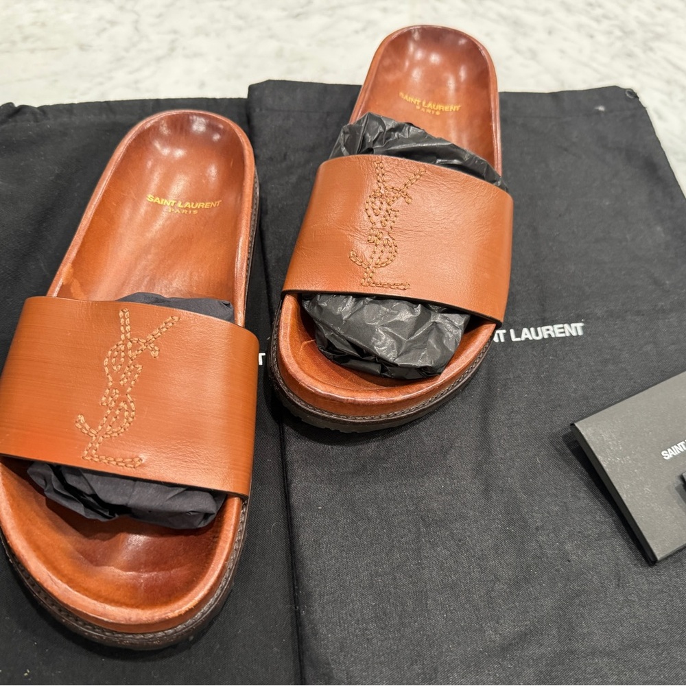 Saint Laurent Brown Slide Sandals Minimalist Design